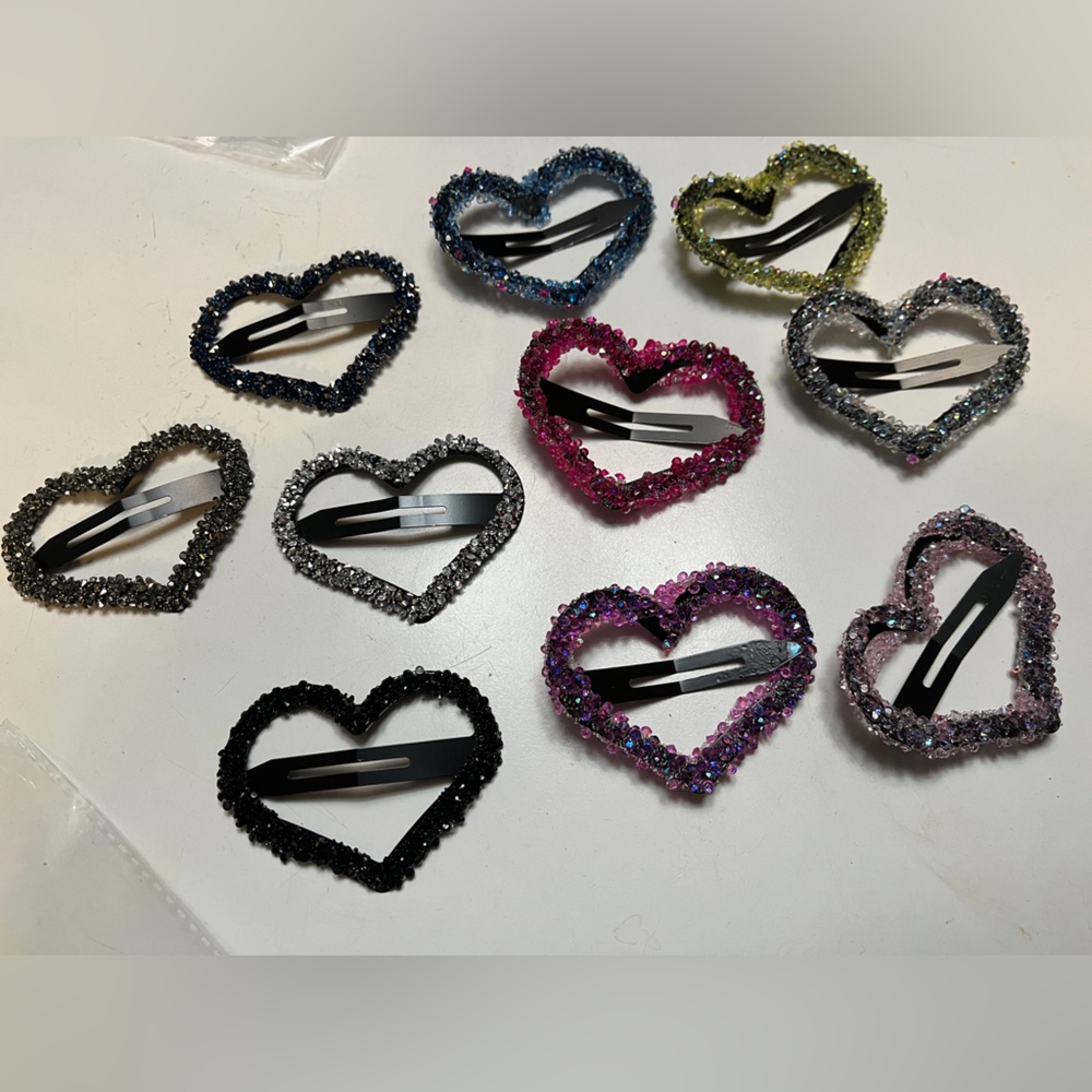 Colorful sparkly heart shaped hair clips (10)